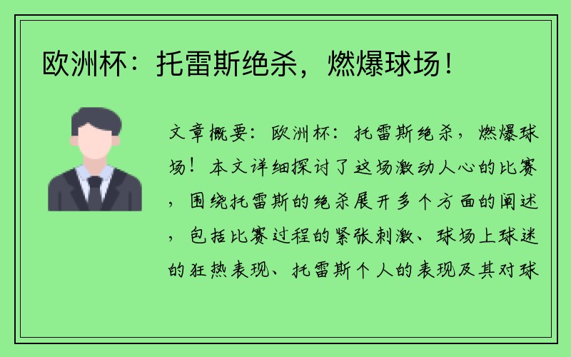 欧洲杯：托雷斯绝杀，燃爆球场！