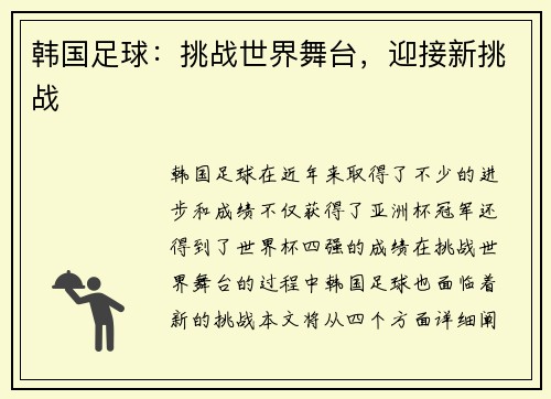 韩国足球：挑战世界舞台，迎接新挑战