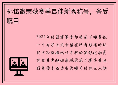 孙铭徽荣获赛季最佳新秀称号，备受瞩目